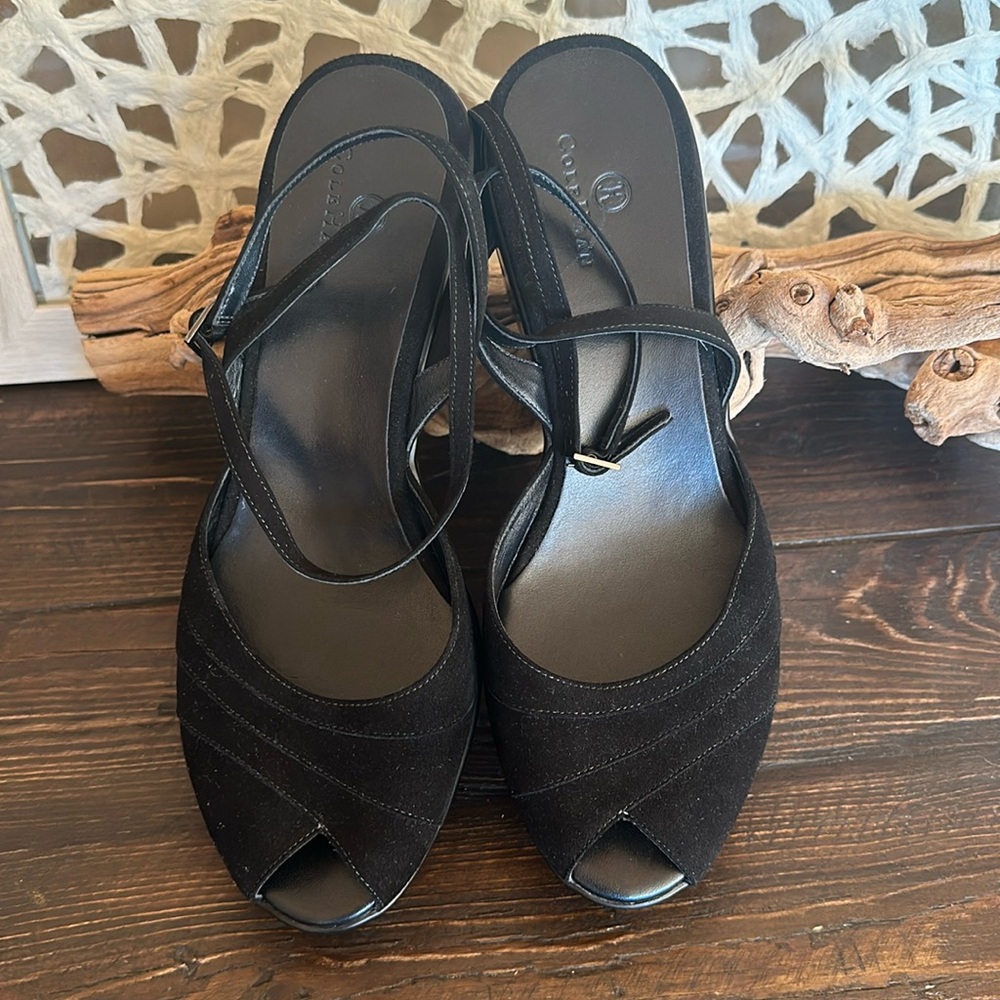 Cole Haan Black Suede Peep-Toe Slingback Wedge Sandals